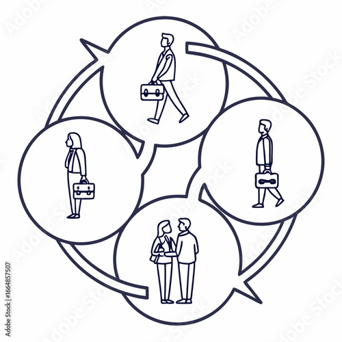 Illustration of a business cycle with four stages, representing a continuous process of improvement and growth