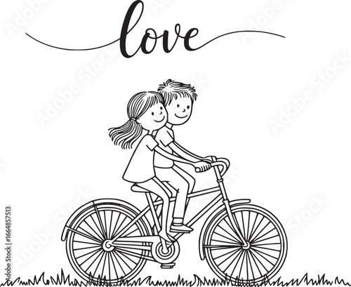 Love and Tandem Bike Ride: A tender sketch illustrates a couple's joy of riding a tandem bike, representing a shared adventure of love. with handwritten love text above. 