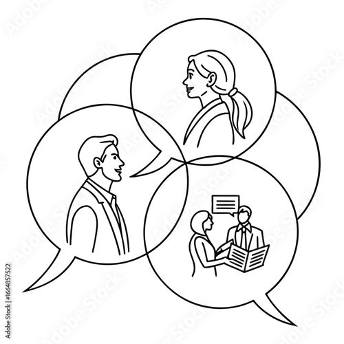 Illustration of business communication with speech bubbles showing people in conversation, perfect for illustrating teamwork and dialogue