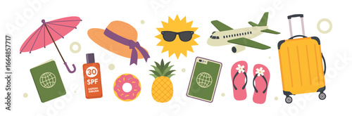 Vector art of summer vacation essentials a colorful illustration showcasing items like a suitcase, airplane, passport, sunglasses, and beach accessories
