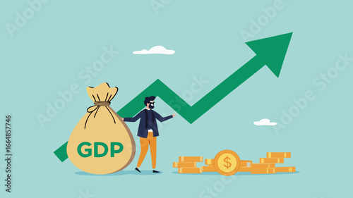 GDP Gross domestic product, value of goods and service produced by a country in a certain time, balance of import and export, businessman stand with money bag with GDP word and growing graph and chart