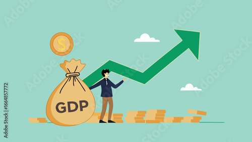 GDP Gross domestic product, value of goods and service produced by a country in a certain time, balance of import and export, businessman stand with money bag with GDP word and growing graph and chart