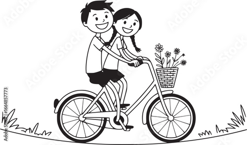 Joyride on a Bike: A charming scene depicts a young couple sharing a bicycle ride, a basket of fresh flowers adding a touch of romance to their sunny outdoor adventure.