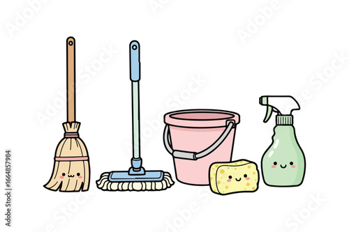 Kawaii cleaning supplies including a broom mop bucket sponge and spray bottle vector