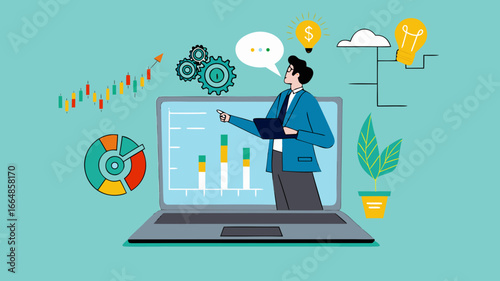 online webinar presentation, online seminars or meetings discussing business strategy, business discussion conference, data analysis or finance expertise, businessman on laptop screen explaining data