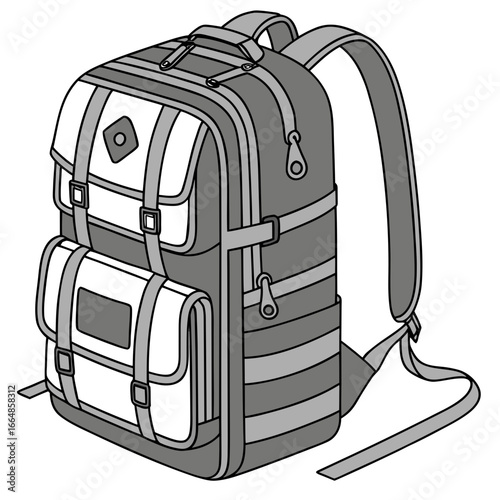 Isometric vector illustration of a backpack, showcasing its design, features, and suitability for travel and outdoor activities