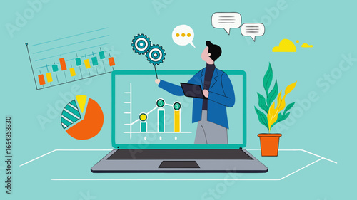 online webinar presentation, online seminars or meetings discussing business strategy, business discussion conference, data analysis or finance expertise, businessman on laptop screen explaining data