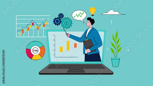 online webinar presentation, online seminars or meetings discussing business strategy, business discussion conference, data analysis or finance expertise, businessman on laptop screen explaining data