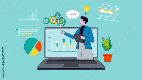 online webinar presentation, online seminars or meetings discussing business strategy, business discussion conference, data analysis or finance expertise, businessman on laptop screen explaining data