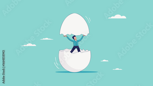 beginners businessman, beginner in starting a new business, newbie businessman comes out of a hatched egg concept vector illustration