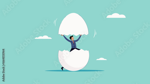beginners businessman, beginner in starting a new business, newbie businessman comes out of a hatched egg concept vector illustration