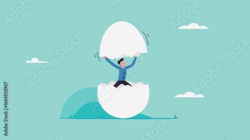beginners businessman, beginner in starting a new business, newbie businessman comes out of a hatched egg concept vector illustration