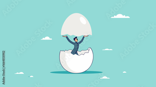 beginners businessman, beginner in starting a new business, newbie businessman comes out of a hatched egg concept vector illustration