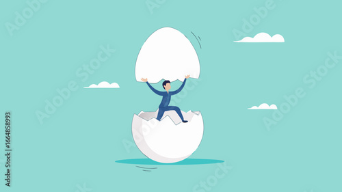 beginners businessman, beginner in starting a new business, newbie businessman comes out of a hatched egg concept vector illustration
