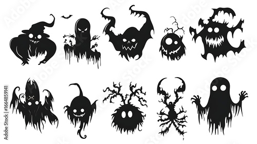 Set of halloween silhouettes black icon and character vector illustration isolated on white background