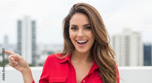 Portrait of a beautiful, smiling woman in a red shirt, long caramel hair pointing with a city background. The female, wearing her long hair, is using the copy text area for an advertising banner and w Free Download Portrait of a beautiful, smiling woman in a red shirt, long caramel hair pointing with a city background. The female, wearing her long hair, is using the copy text area for an advertising banner and w - GFXLoad