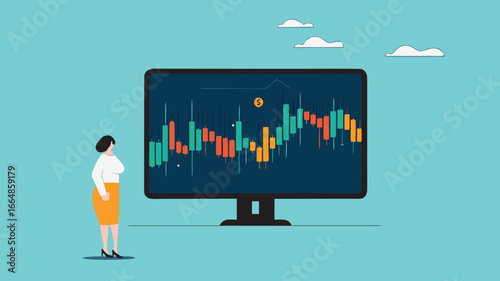 stock market analysis on investment, stock market rising up, analyzing graphs, financial growth statistic, businesswoman investor analyzing a graph of his stock while carrying gold coins