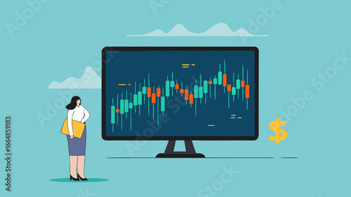 stock market analysis on investment, stock market rising up, analyzing graphs, financial growth statistic, businesswoman investor analyzing a graph of his stock while carrying gold coins