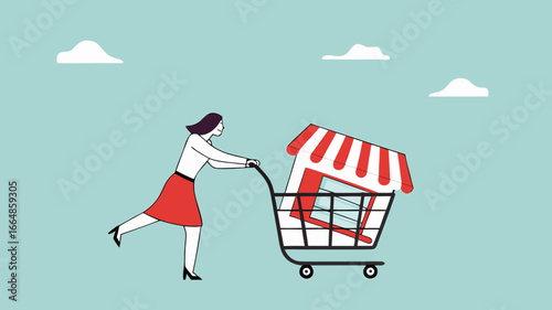 buy a franchise illustration with businesswoman push shopping carts containing franchise icons concept vector illustration
