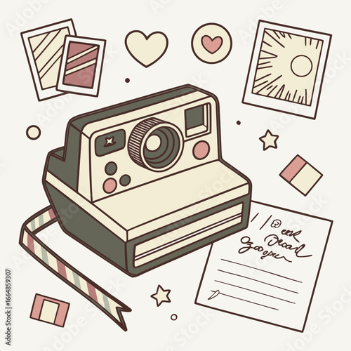Vintage polaroid camera with instant photos, hearts, and handwritten note creates a retro and nostalgic vibe