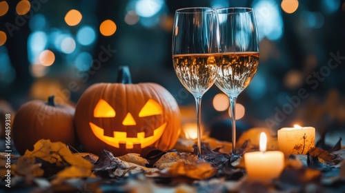 Halloween pumpkins with wine glasses and candle lights