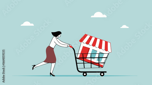 buy a franchise illustration with businesswoman push shopping carts containing franchise icons concept vector illustration