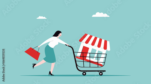 buy a franchise illustration with businesswoman push shopping carts containing franchise icons concept vector illustration