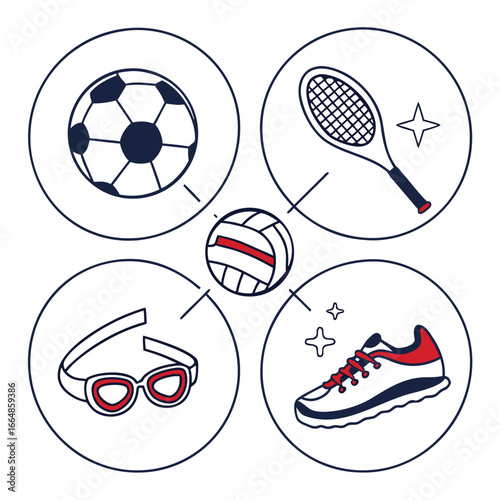 Sport equipment icons featuring soccer, tennis, swimming goggles, running shoes and volleyball for recreational activities