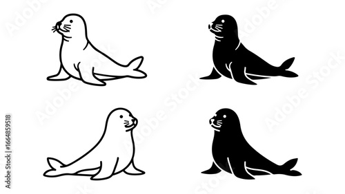 Set of Four Adorable Vector Seal Illustrations in Solid Black and Outline Styles