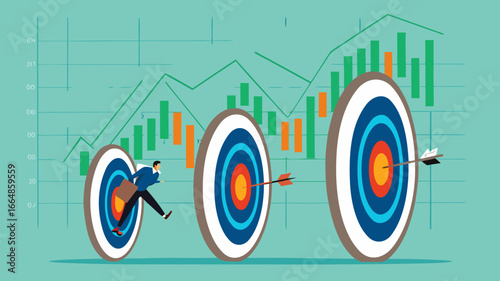 small target achievement as motivate to achieve bigger target or goal, strategies to inspire greater success, Businessman breakthrough small target archery as motivate to breakthrough bigger target