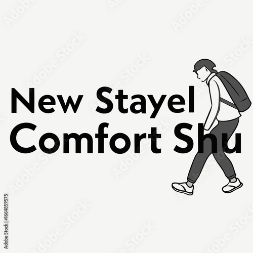 New stayel comfort shu advertisement featuring a man walking with a backpack