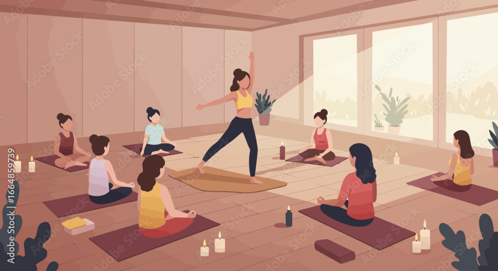 Obraz premium Yoga Class in Progress with Instructor Leading Pose