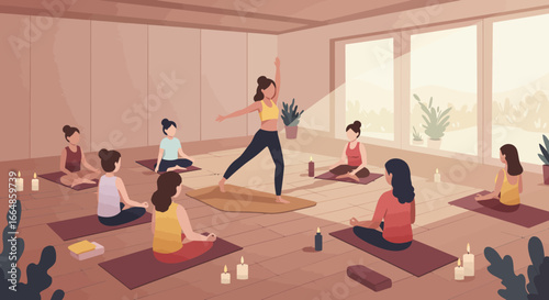 Yoga Class in Progress with Instructor Leading Pose