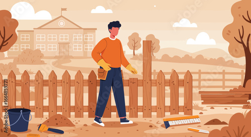 Cartoon man in orange shirt and blue pants repairing a wooden fence.