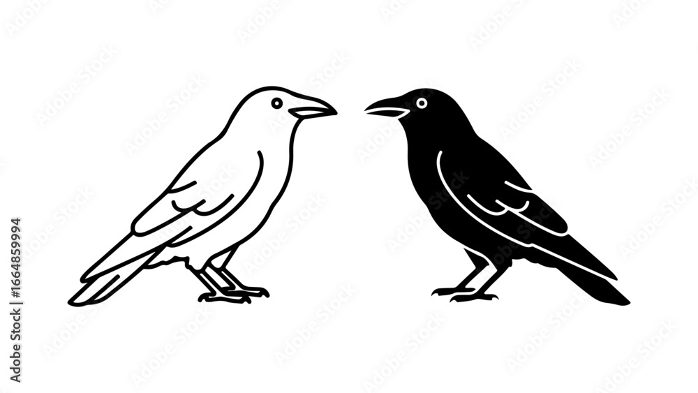 Fototapeta premium Graphic Illustration of Two Stylized Birds in Black and White Duality, Facing Each Other