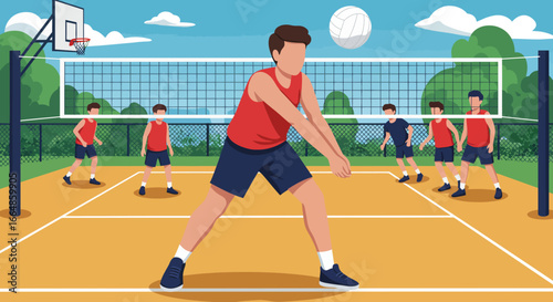 Volleyball Players in Action on Outdoor Court