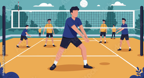 Volleyball Player in Blue Shirt Ready to Bump the Ball, Vector Illustration