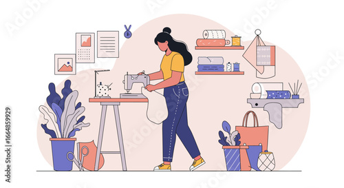 Woman Sewing with a Machine in a Brightly Lit Room