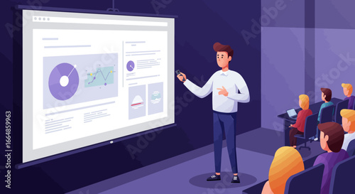 Man Presenting Data Charts on Projector Screen to Audience