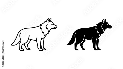 Black and White Stylized Wolf Illustrations: One Outline and One Silhouette on a Clean Background