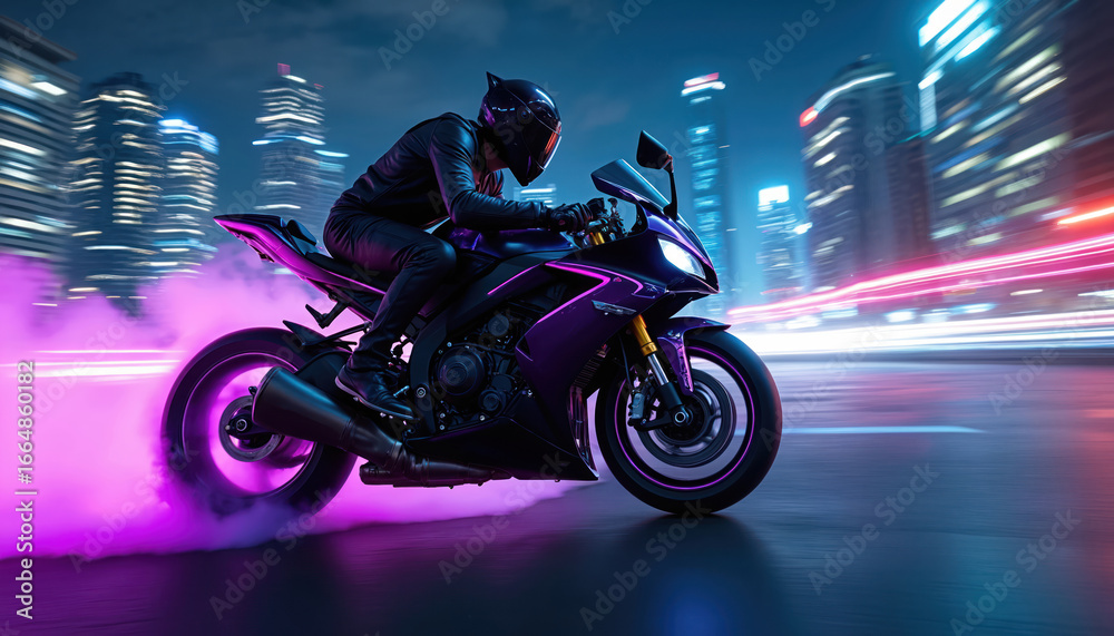 Fototapeta premium Vibrant purple motorcycle speeds down city street at night. Rider wears black helmet and jacket, illuminated by city lights. Motorcycle leaves purple smoke trail behind.