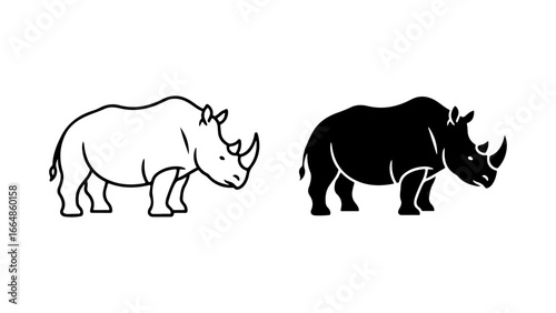 Stylized Black and White Rhinoceros Illustrations on a Clean Background