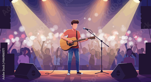 Young Man Performing Acoustic Guitar Song on Stage