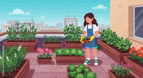 Urban Rooftop Garden with Girl Gardener
