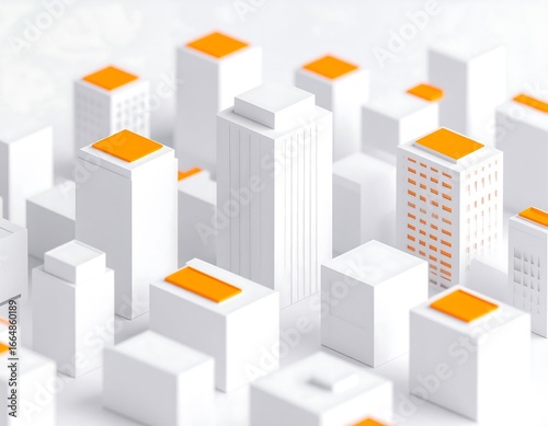 3D city of white blocks with orange roofs