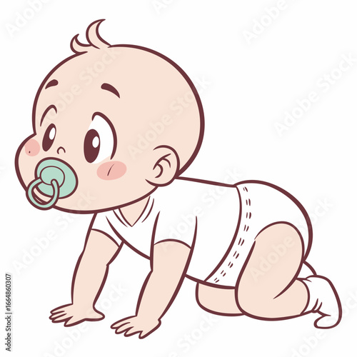 A cute baby is crawling with a pacifier in its mouth, this cartoon illustration shows the innocence and joy of childhood