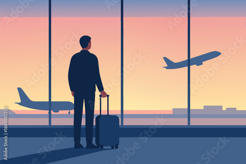Traveler standing in airport terminal watching airplanes under vibrant sunset sky. Evokes themes of travel, adventure, anticipation, and the beauty of aviation in golden-hour light.