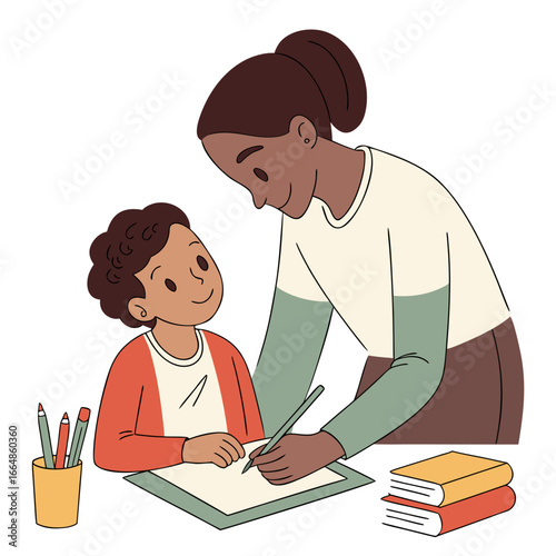 A caring mother is helping her child with homework, drawing together at the table, , fostering a love for learning and education
