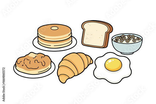 Stack of pancakes croissant fried egg toast and cereal bowl illustration breakfast food
