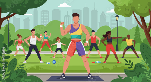 Fitness Instructor Leading Outdoor Exercise Class in Park Setting